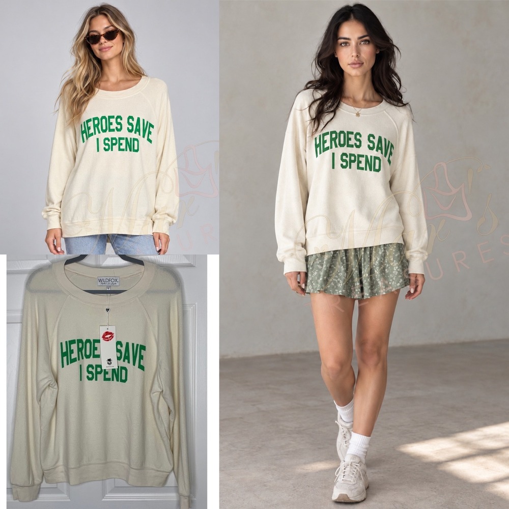NWT Wildfox"Heroes Save I Spend" Pullover Graphic Top Sz M